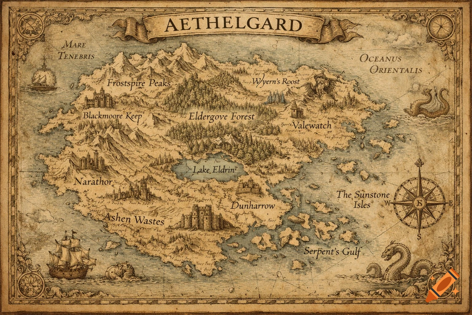 An old, detailed fantasy map of Aethelgard with mountains, forests, lakes, castles, ships, and sea creatures in a vintage style.