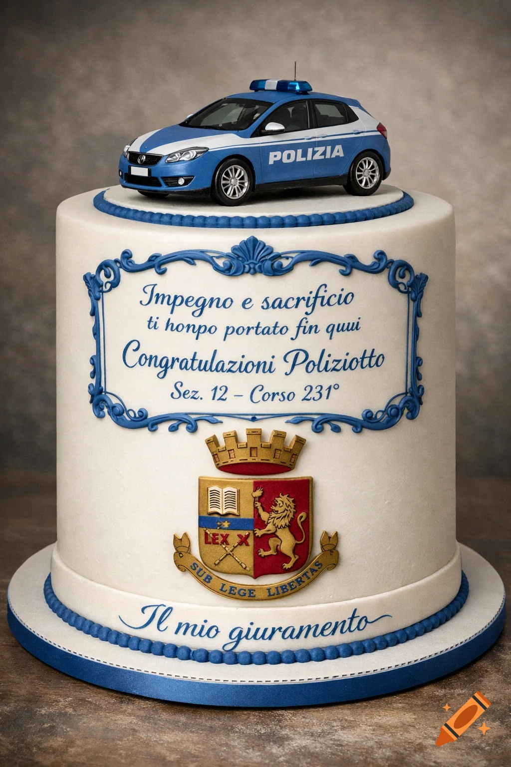 A realistic white and blue celebratory cake topped with a toy Italian police car and featuring a police emblem and Italian text.