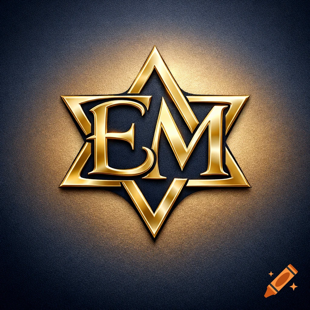 A shining golden logo features ornate letters E and M intertwined to form a Star of David on a dark textured background.