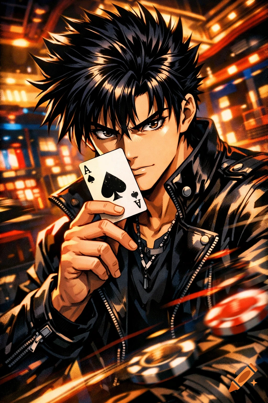 Manga character with spiky black hair in a leather jacket holds an Ace of Spades playing card in a casino setting.