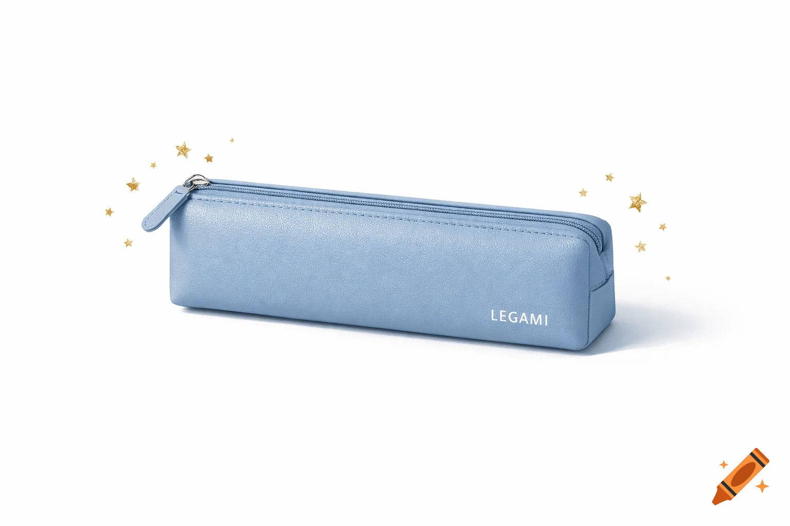 A light blue pencil case with a silver zipper and the word LEGAMI on its side, surrounded by small golden star illustrations.