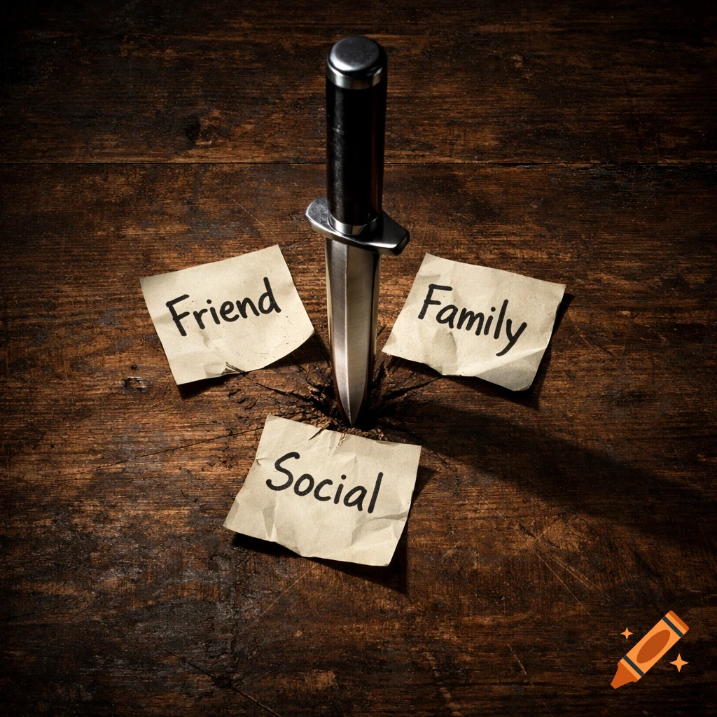 A knife stabbed into a dark wooden table surrounded by three crumpled notes labeled 'Friend', 'Family', and 'Social', with dramatic lighting.