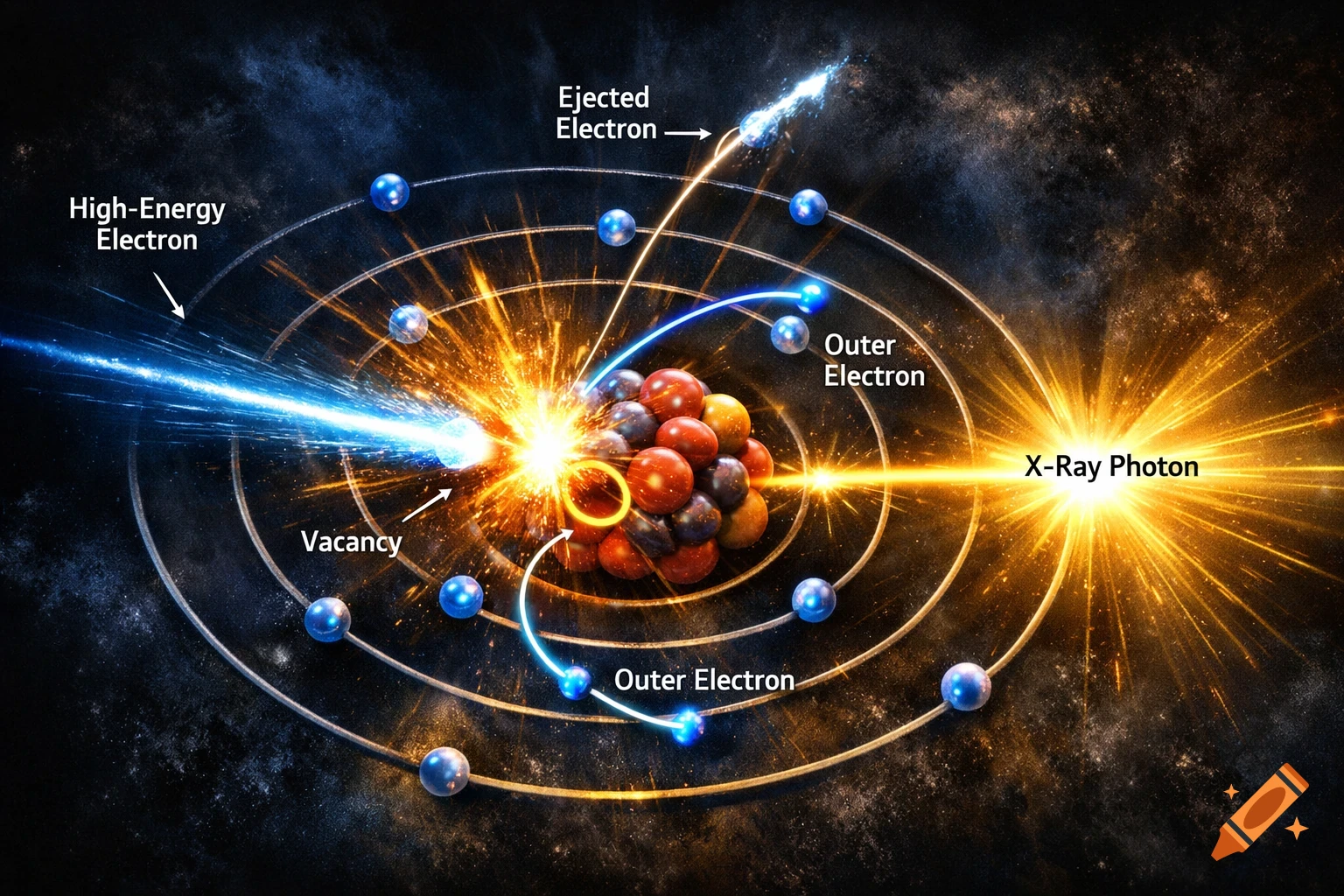 Scientific diagram showing a high-energy electron colliding with an atom, ejecting an outer electron and emitting an X-ray photon.