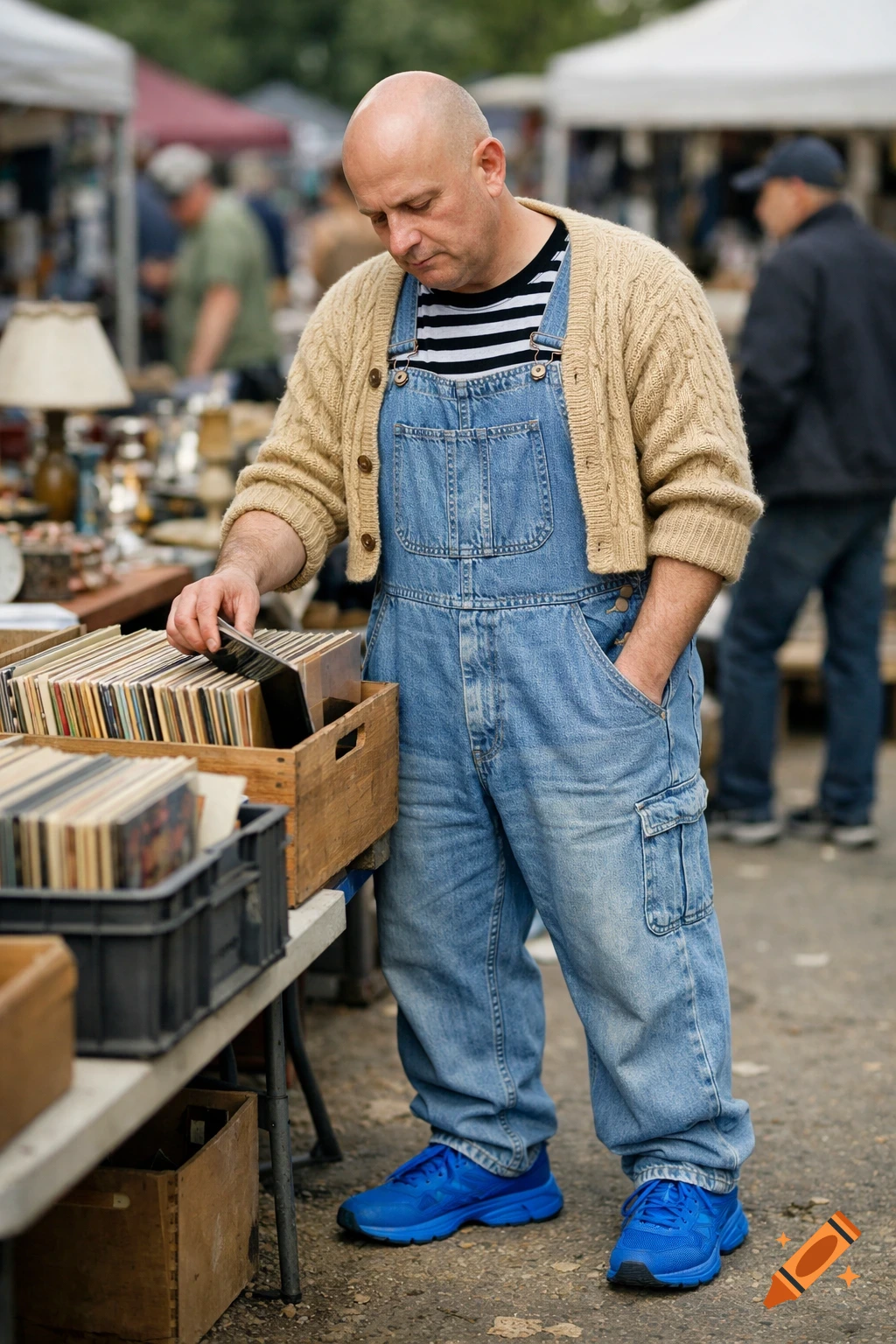A bald man in blue denim overalls, a striped shirt, and a short tan cardigan, browsing vinyl records at a flea market.
