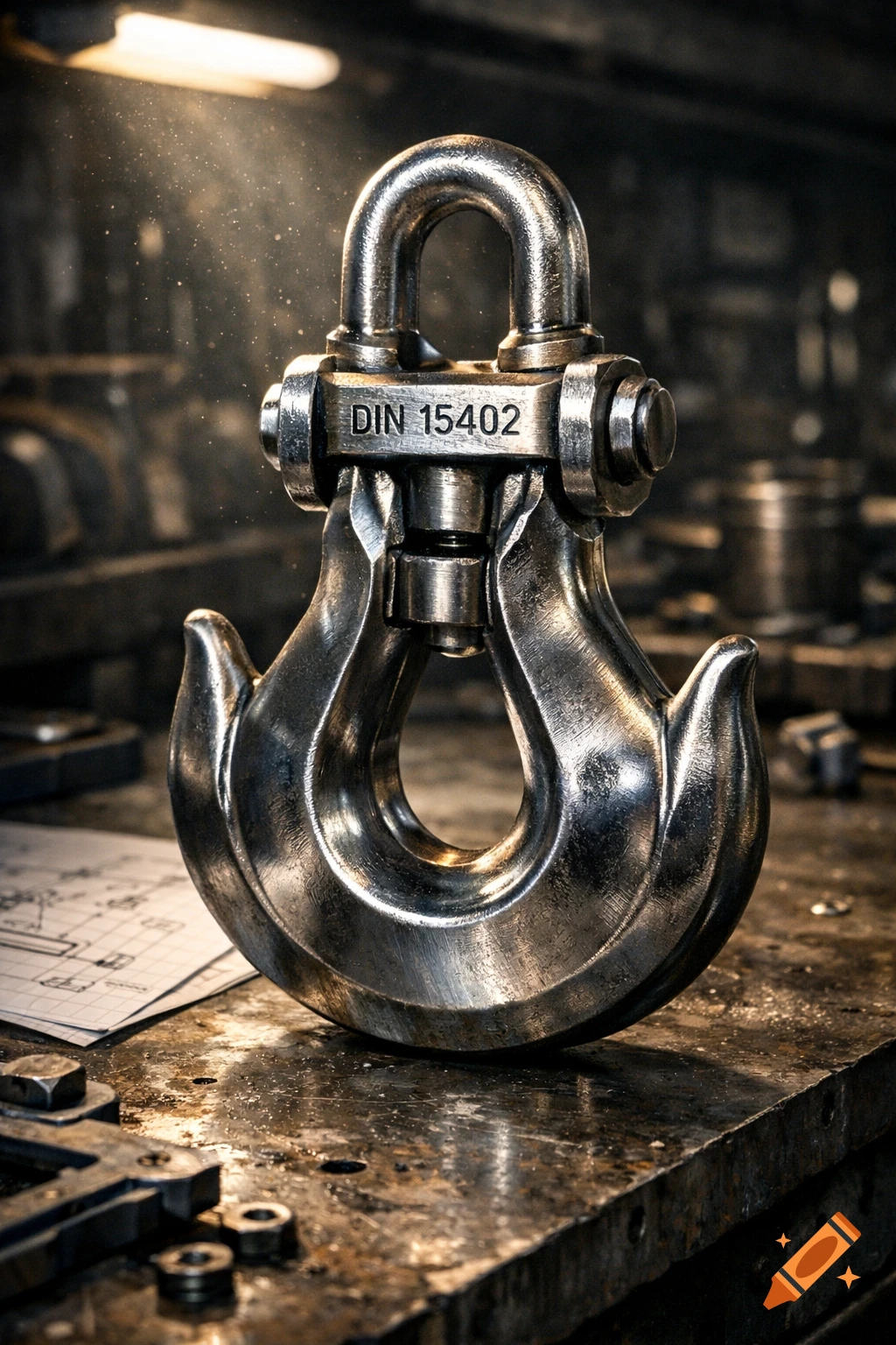 Close-up of a shiny, heavy-duty metal industrial hook with 'DIN 15402' engraved on it, resting on a gritty workshop table under a spotlight.