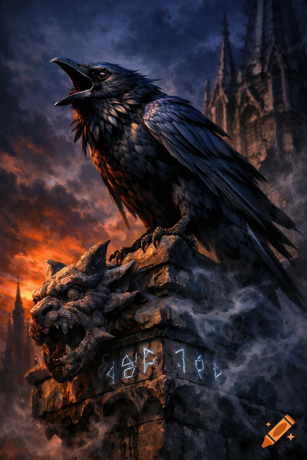 A highly detailed black crow squawks from atop a stone gargoyle pedestal with glowing runes, set against a dramatic twilight sky and a gothic cathedral.