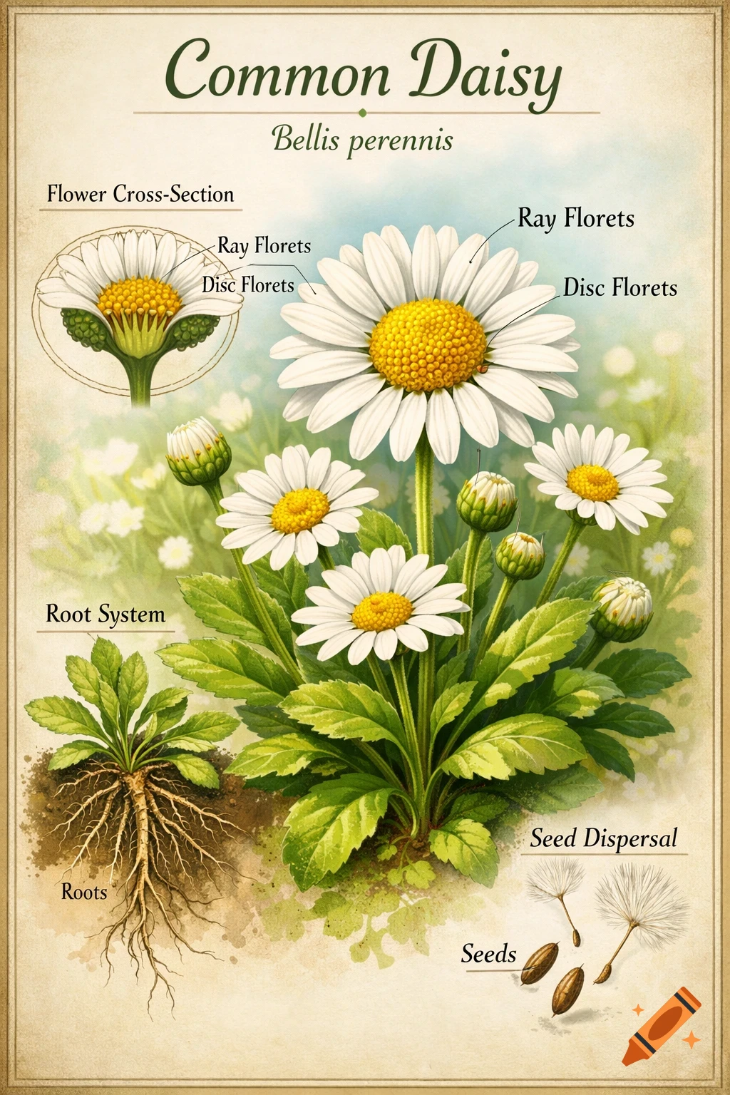 Detailed botanical illustration of a common daisy, showing flower parts, cross-section, root system, and seed dispersal.