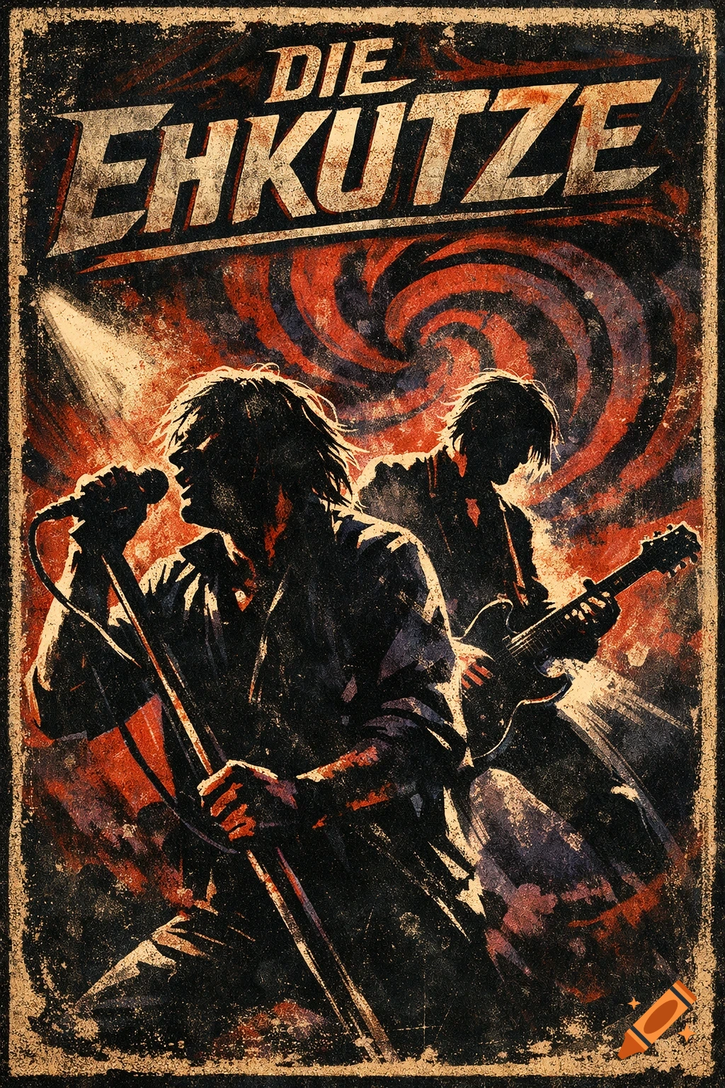 Grunge rock band poster with two silhouetted musicians, a singer and a guitarist, performing under lights. Text reads "DIE EHKUTZE".