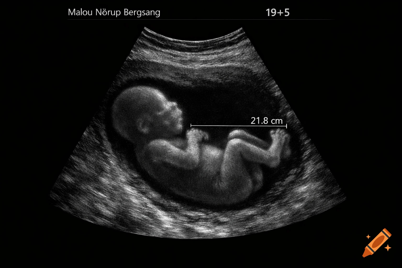 Black and white medical ultrasound of a fetus, measuring 21.8 cm, with text 'Malou Nørup Bergsang' and '19+5'.