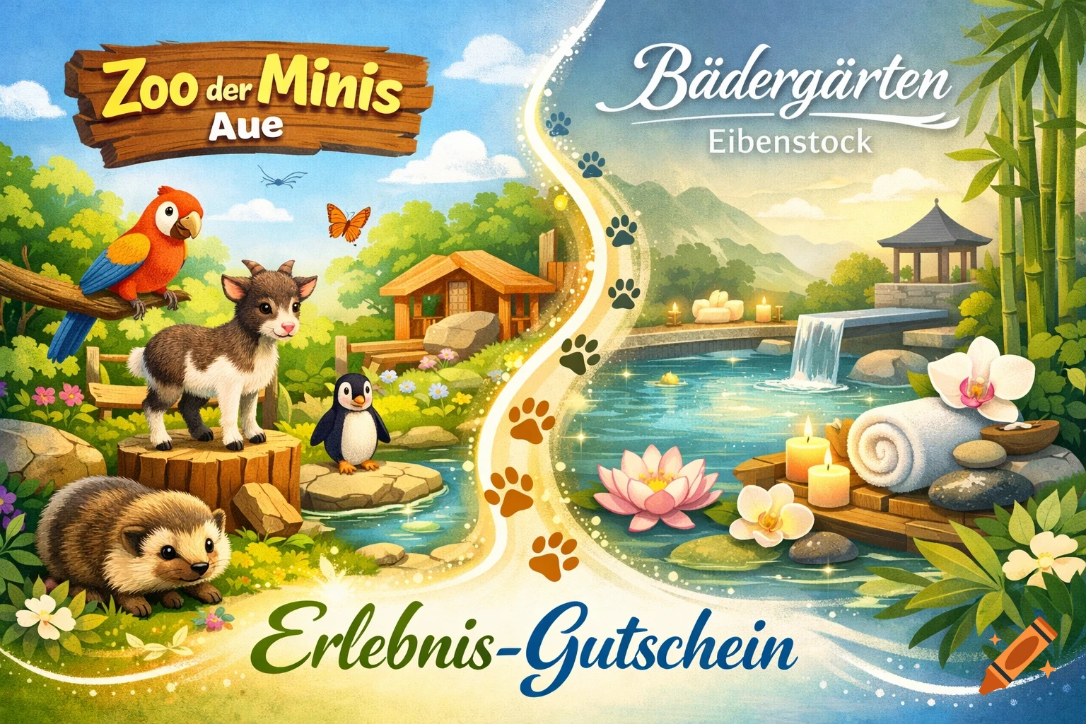 Cartoon illustration of a voucher split between a zoo scene with animals and a spa garden scene, titled "Erlebnis-Gutschein".