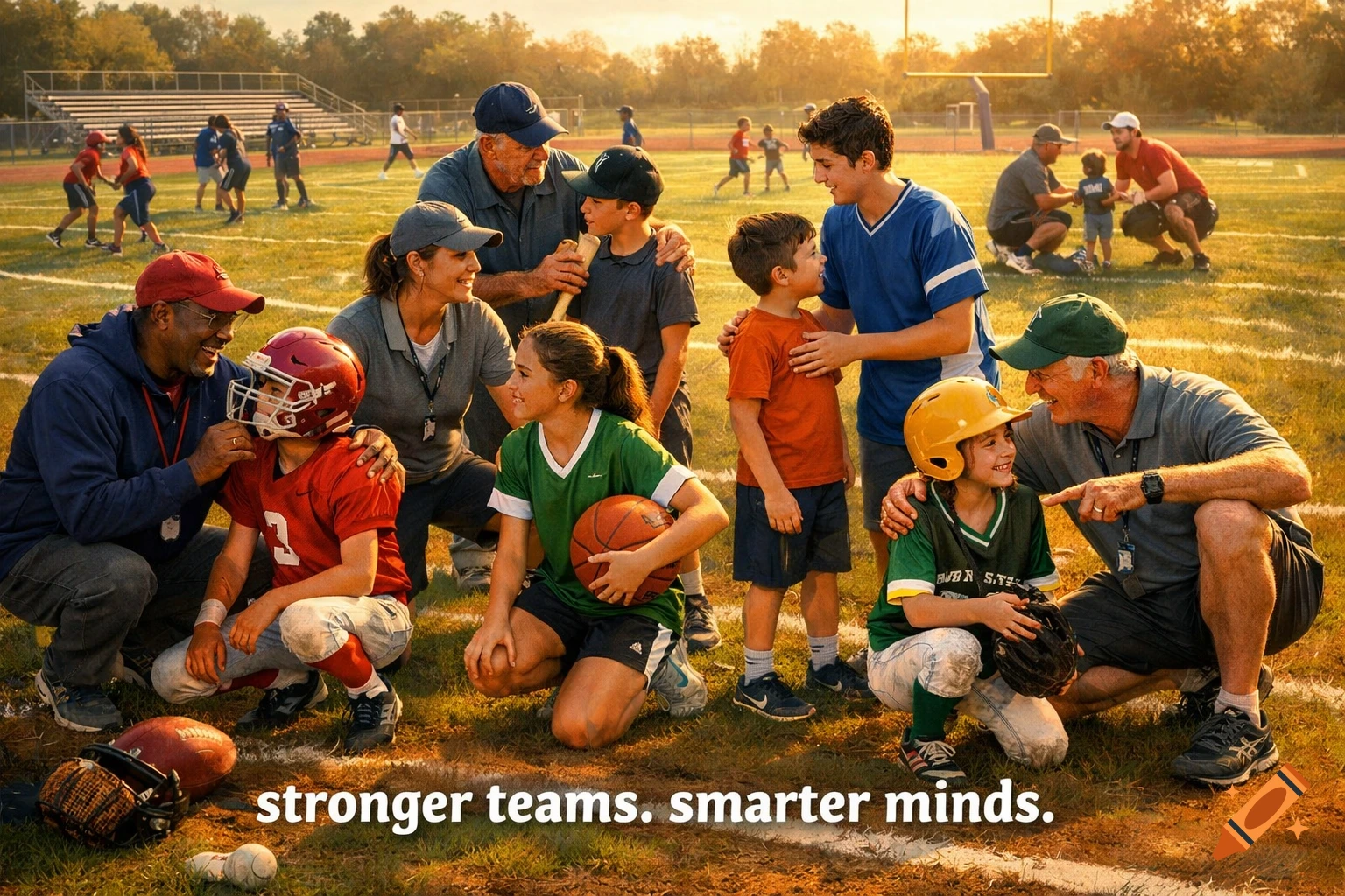 A diverse group of coaches and young athletes gather on a sunny sports field, with text "stronger teams. smarter minds." Photorealistic style.