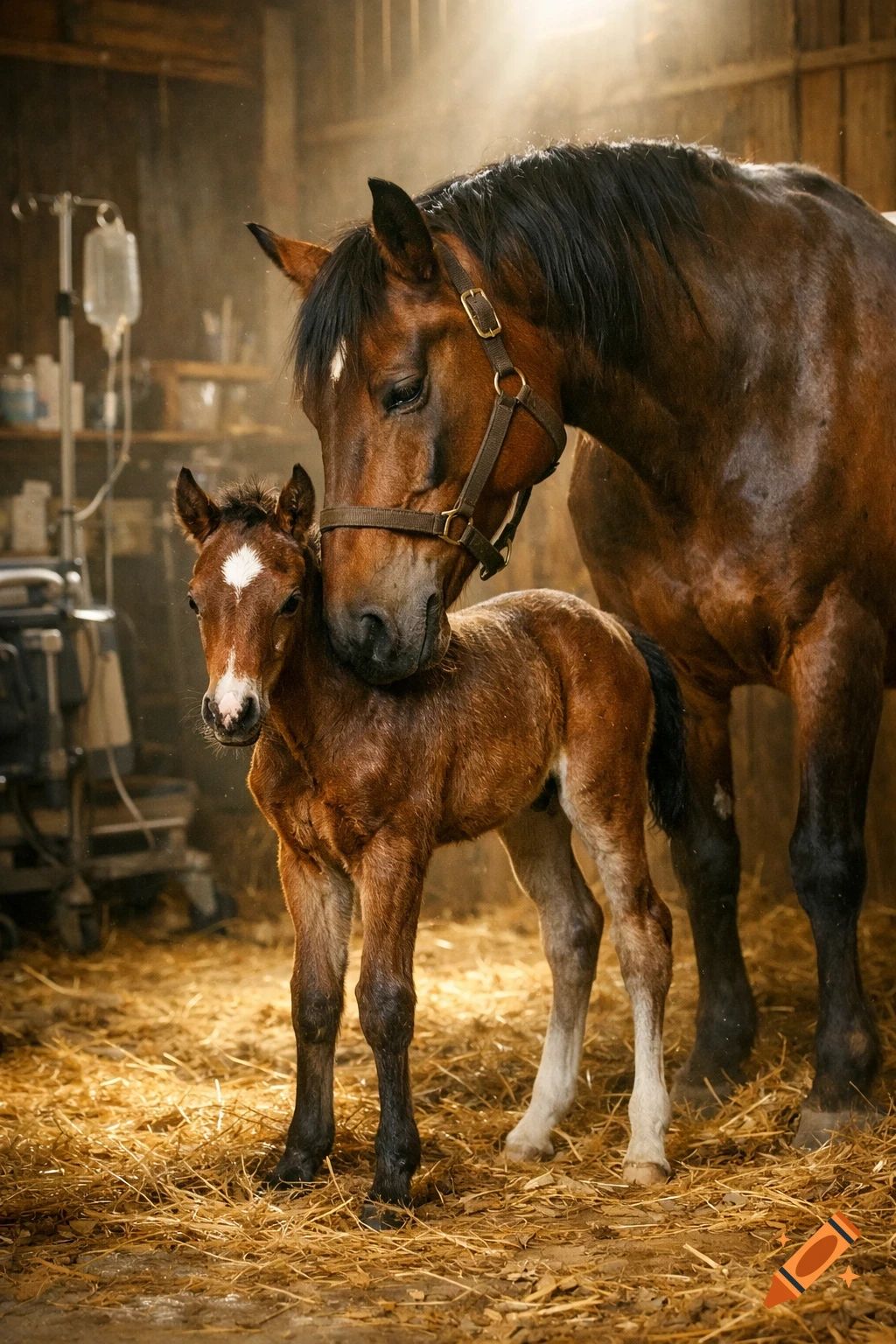 A large brown horse gently nuzzles a small brown foal in a dimly lit barn filled with straw.