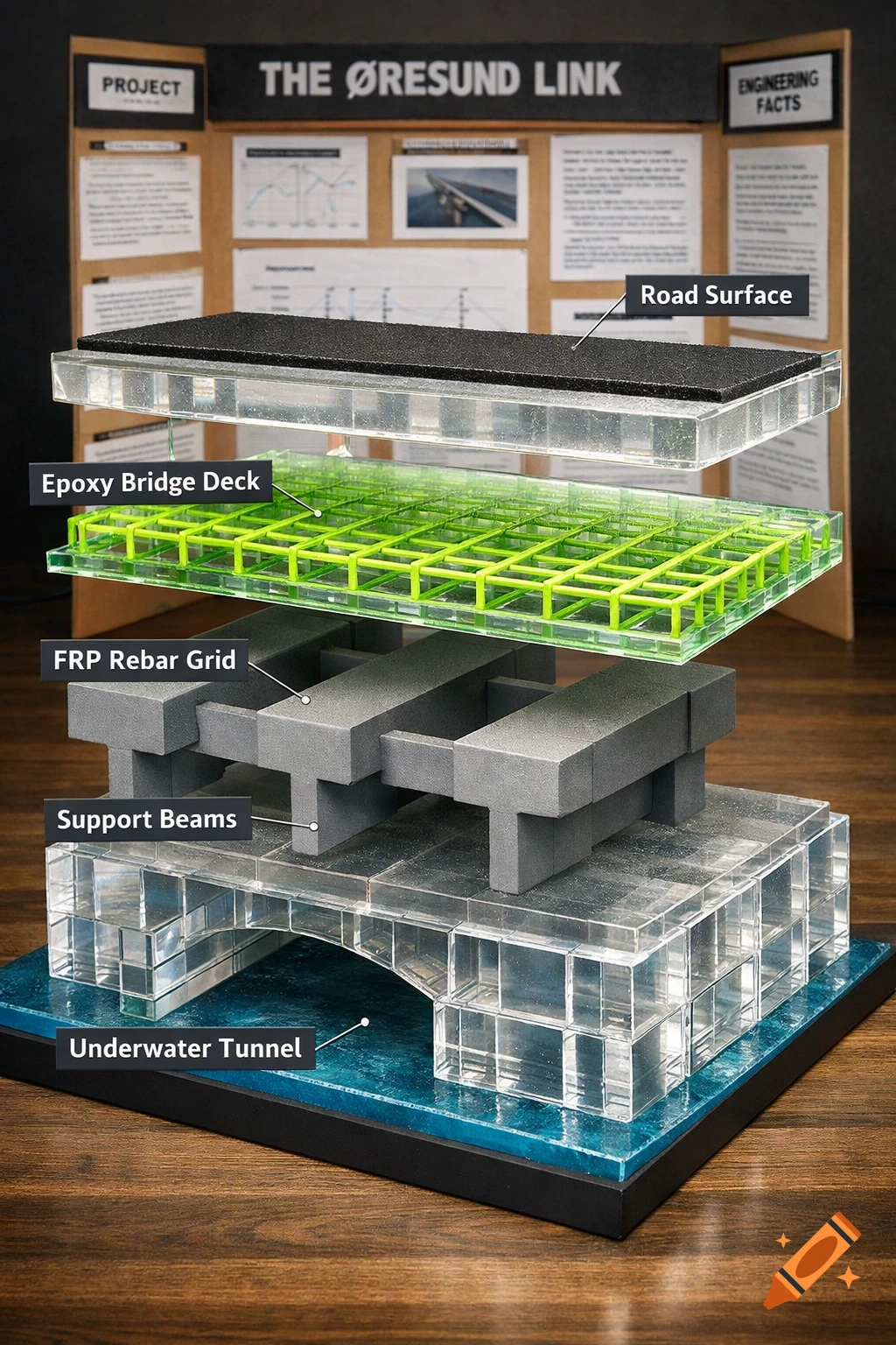 Exploded view diagram of a science fair model of the Øresund Link bridge, showing layers of road surface, epoxy deck, rebar, support beams, and underwater tunnel.