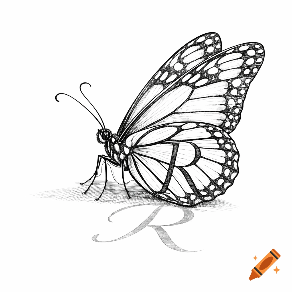 Black and white ink drawing of a butterfly with a stylized letter 'R' on its wing and a matching shadow below.