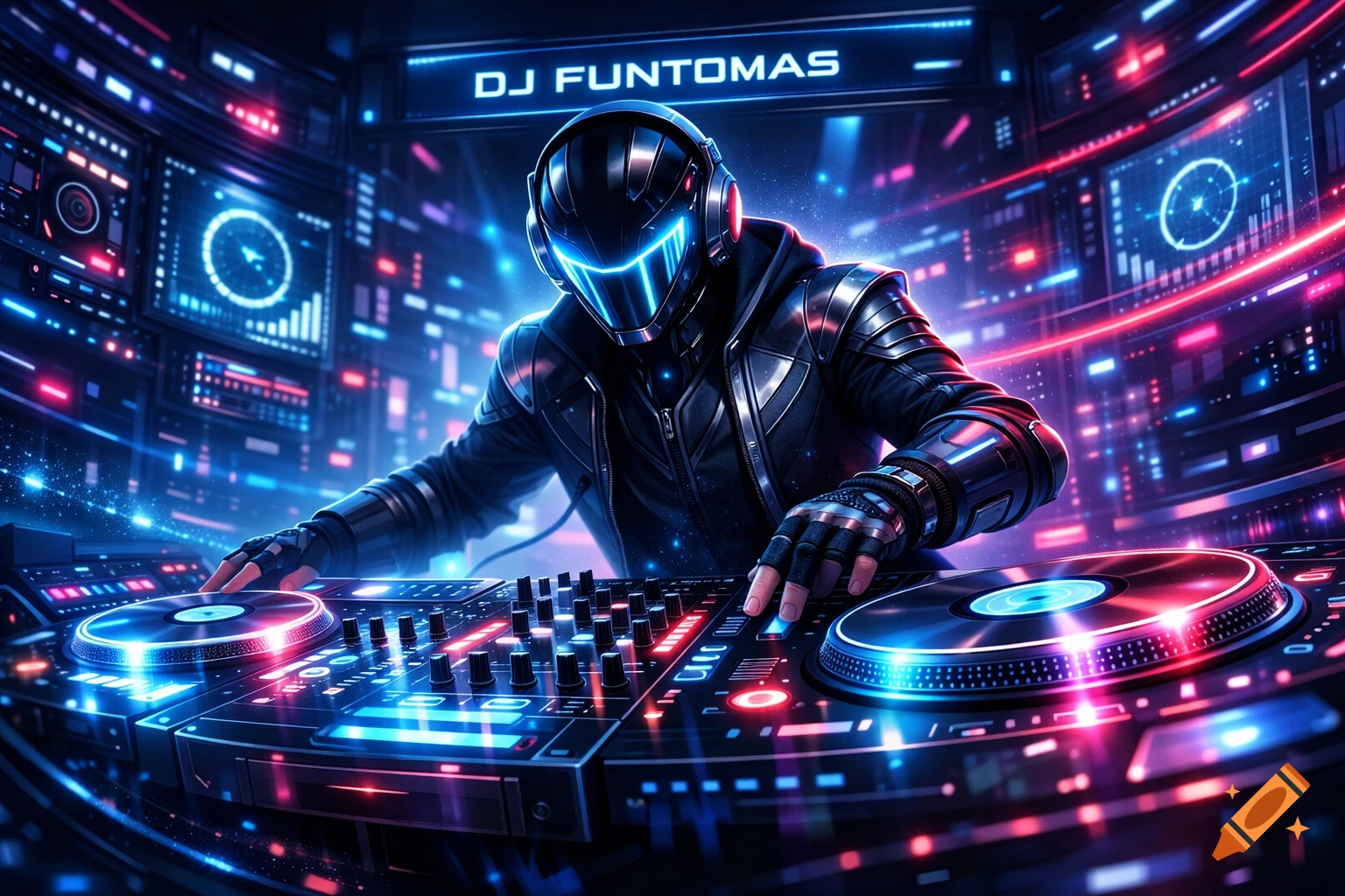 A futuristic DJ in a glowing helmet and suit, mixing music on a neon-lit console with complex studio equipment.