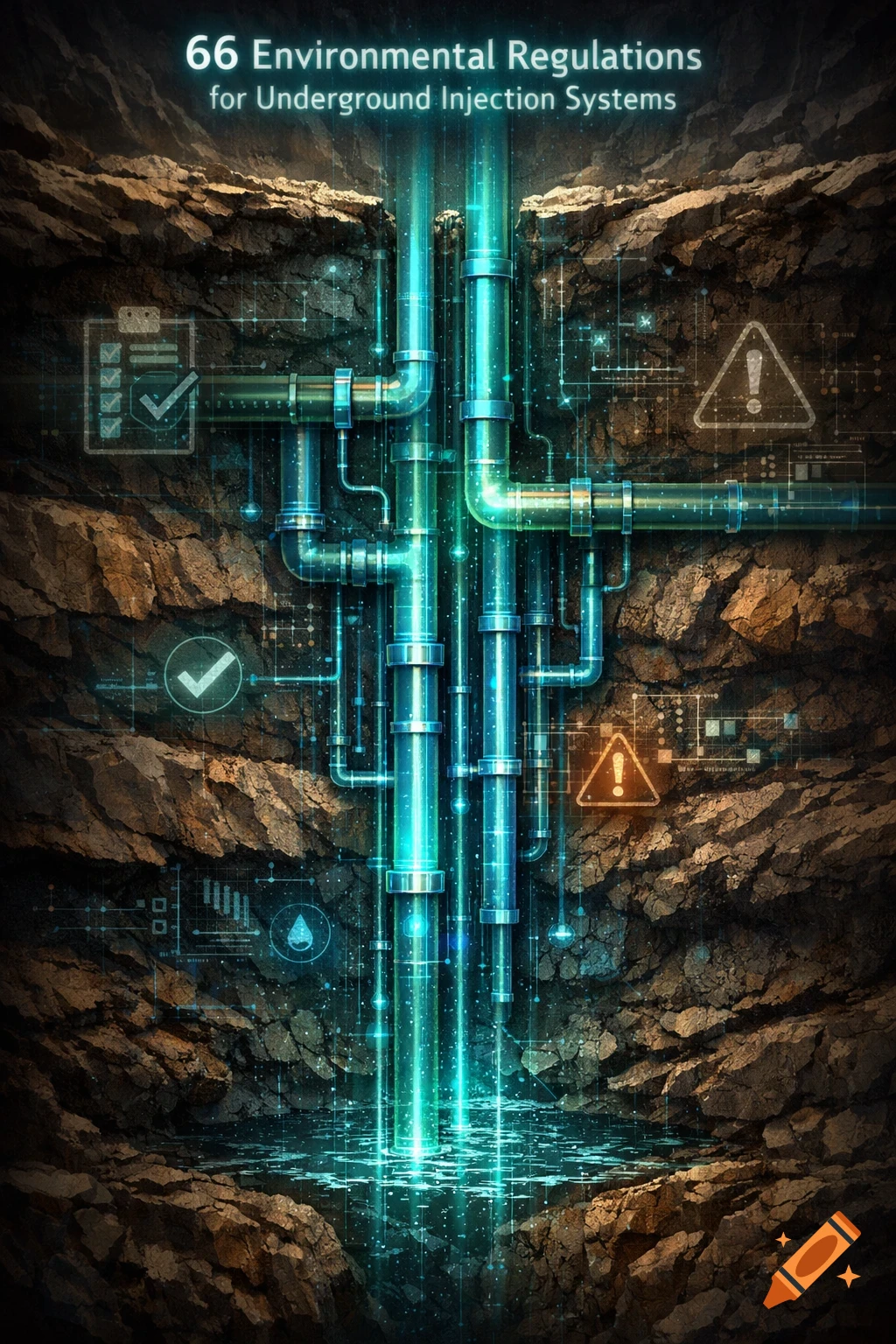 Glowing blue pipes of an underground injection system in rocky earth, with environmental regulation text and digital interface elements.