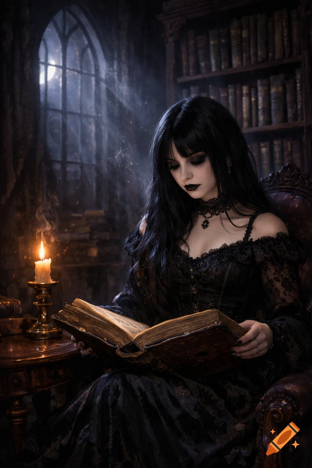 A goth girl with dark hair and makeup sits in a candlelit room, reading an old book by a window, with bookshelves in the background.