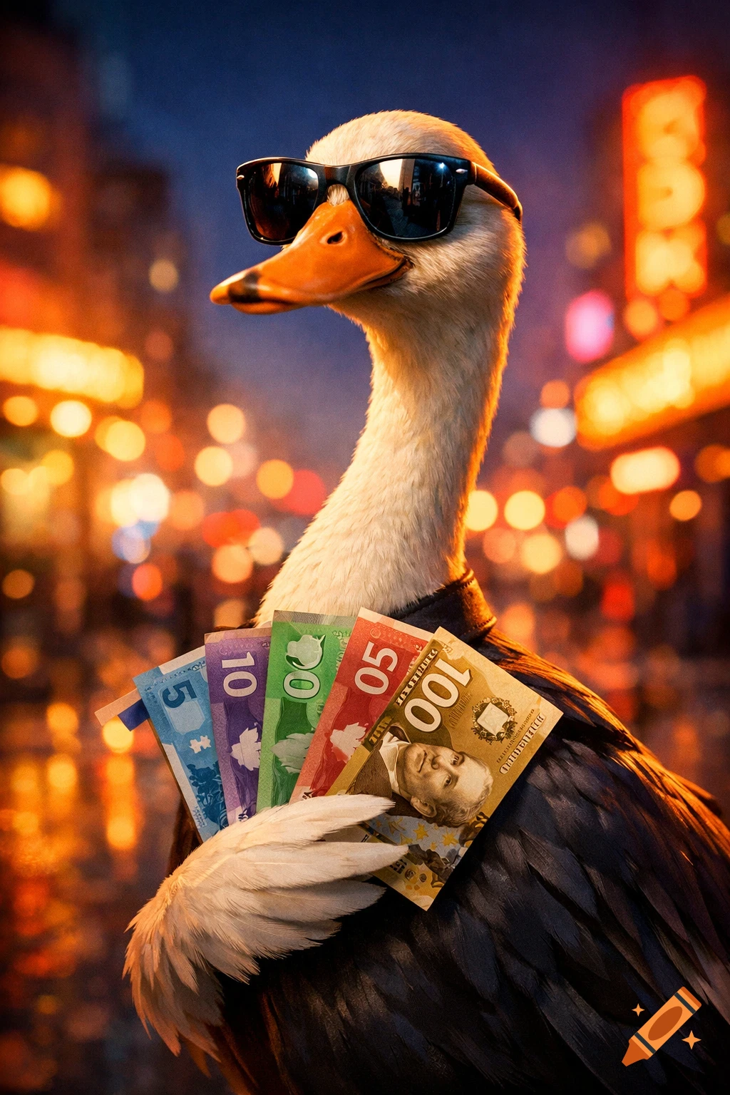 A photorealistic, cool duck wearing sunglasses holds a fanned stack of colorful Canadian banknotes against a blurred city background with bokeh lights.
