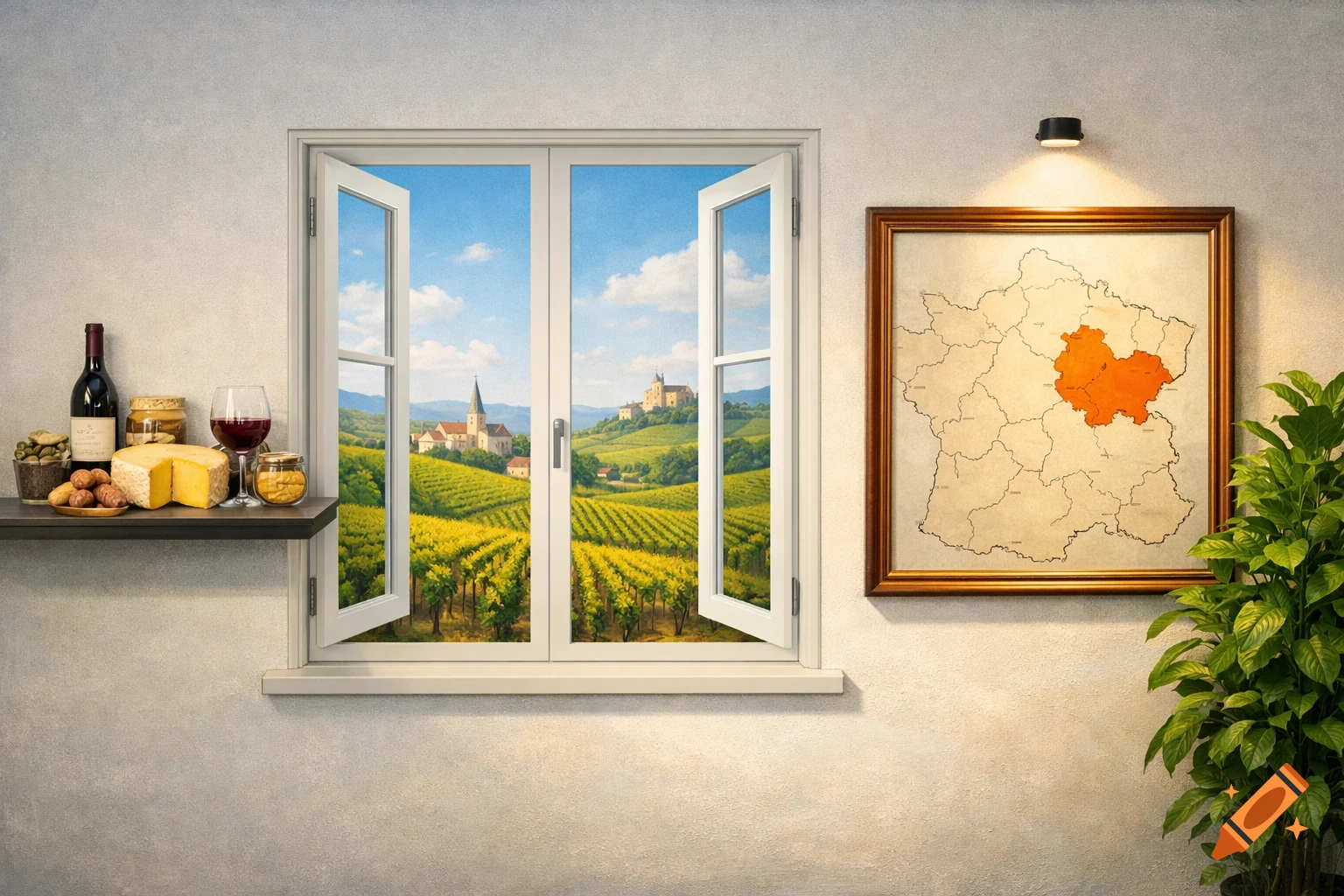 A trompe l'oeil scene with a window looking onto a vineyard, a shelf with wine and cheese, and a framed map of France.
