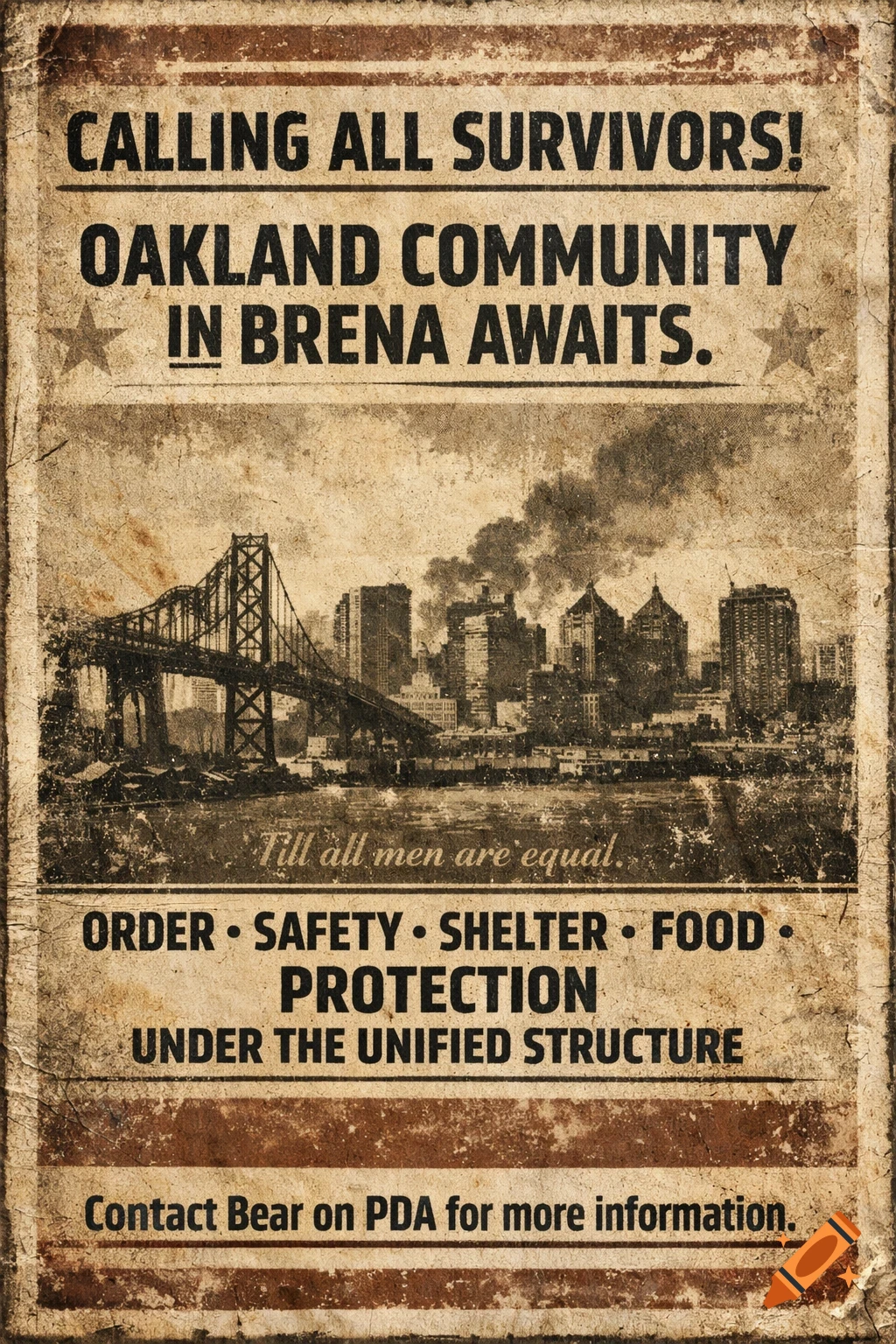 A gritty, worn post-apocalyptic propaganda flyer featuring a stylized cityscape and bridge, with text calling survivors to Oakland Community.