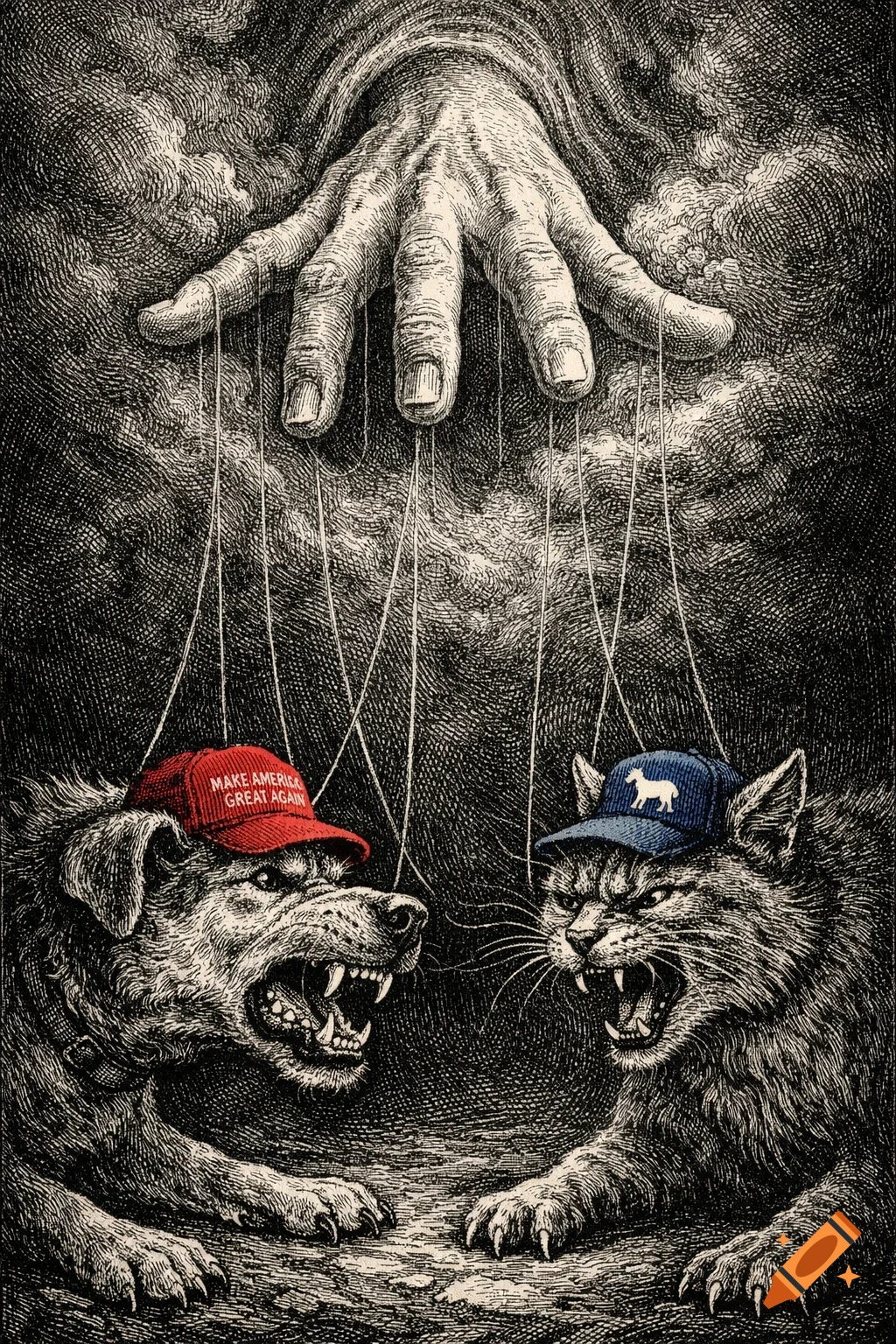 Engraving of a giant hand puppeteering a snarling dog in a red 'MAGA' hat and a snarling cat in a blue 'Democrat' hat.