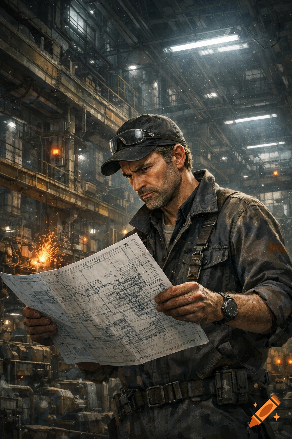 A focused engineer in an industrial setting studies blueprints, with sparks flying in the background. Photorealistic style.