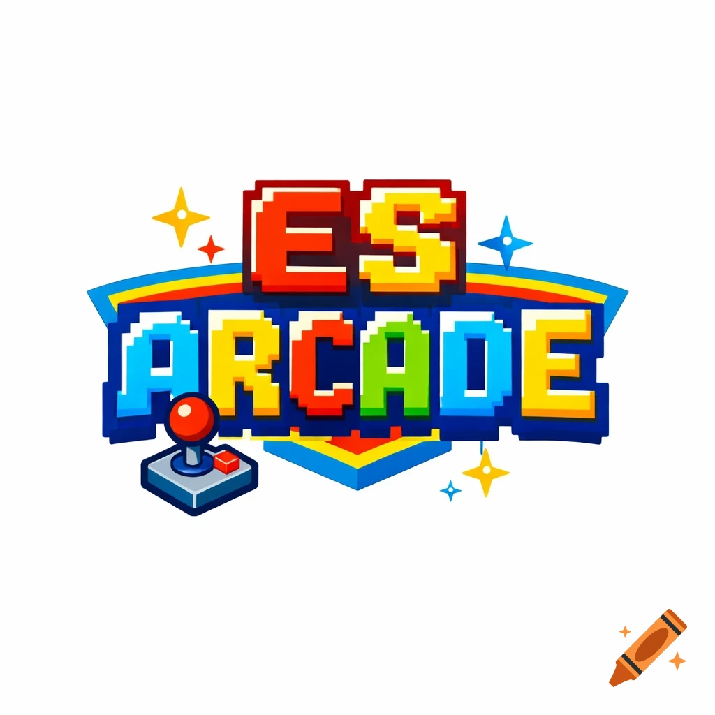 Colorful pixel art logo for "ES ARCADE" with a retro joystick and stars.