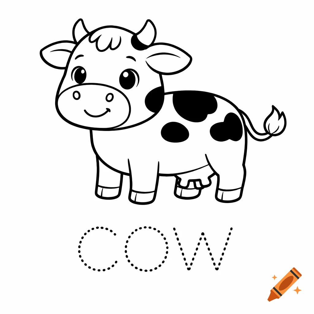A black and white line art illustration of a cute cartoon cow with spots, standing above the dotted trace word "COW" for a coloring book.