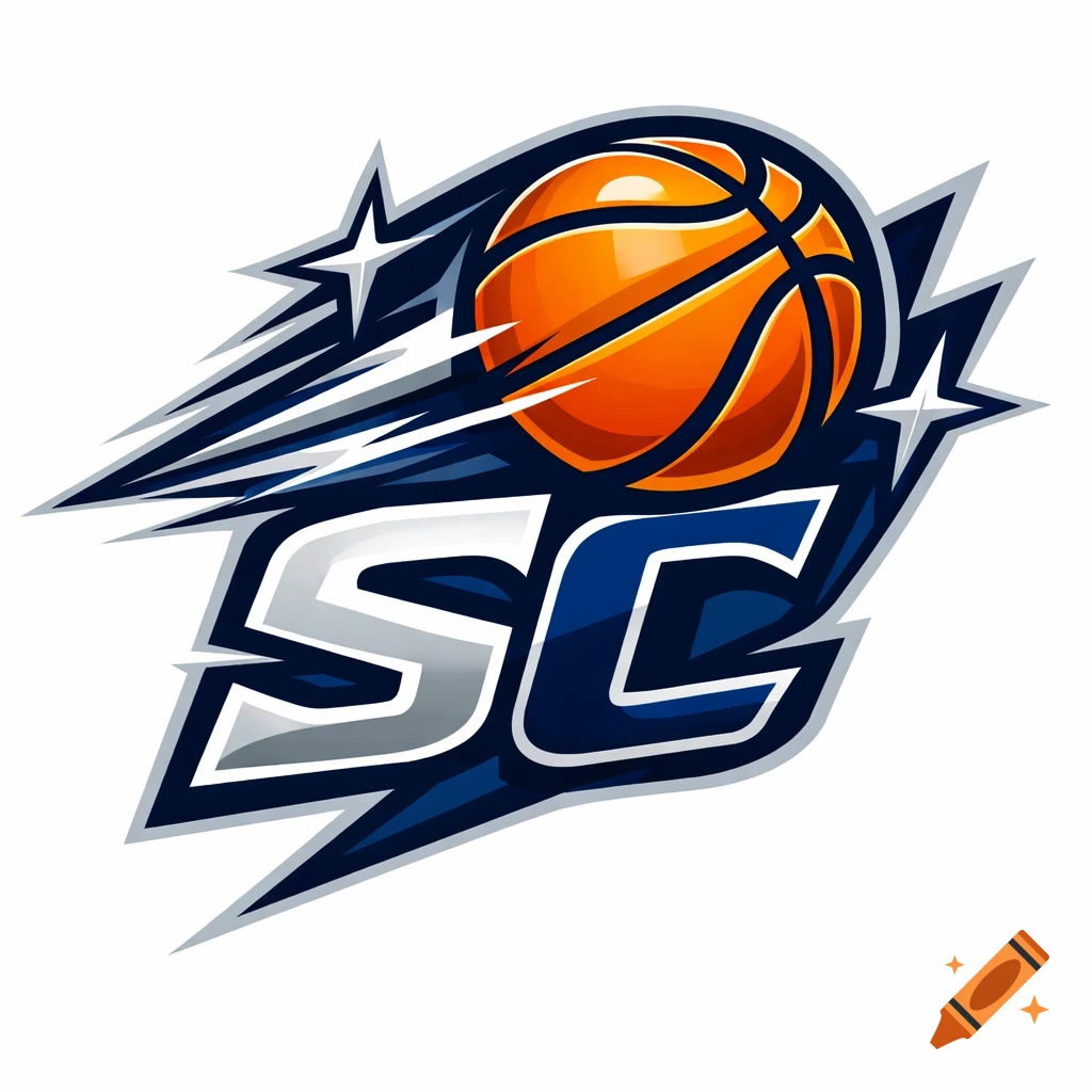 Dynamic 2D basketball logo with an orange basketball, stylized letters SC in blue and white, stars, and speed lines.