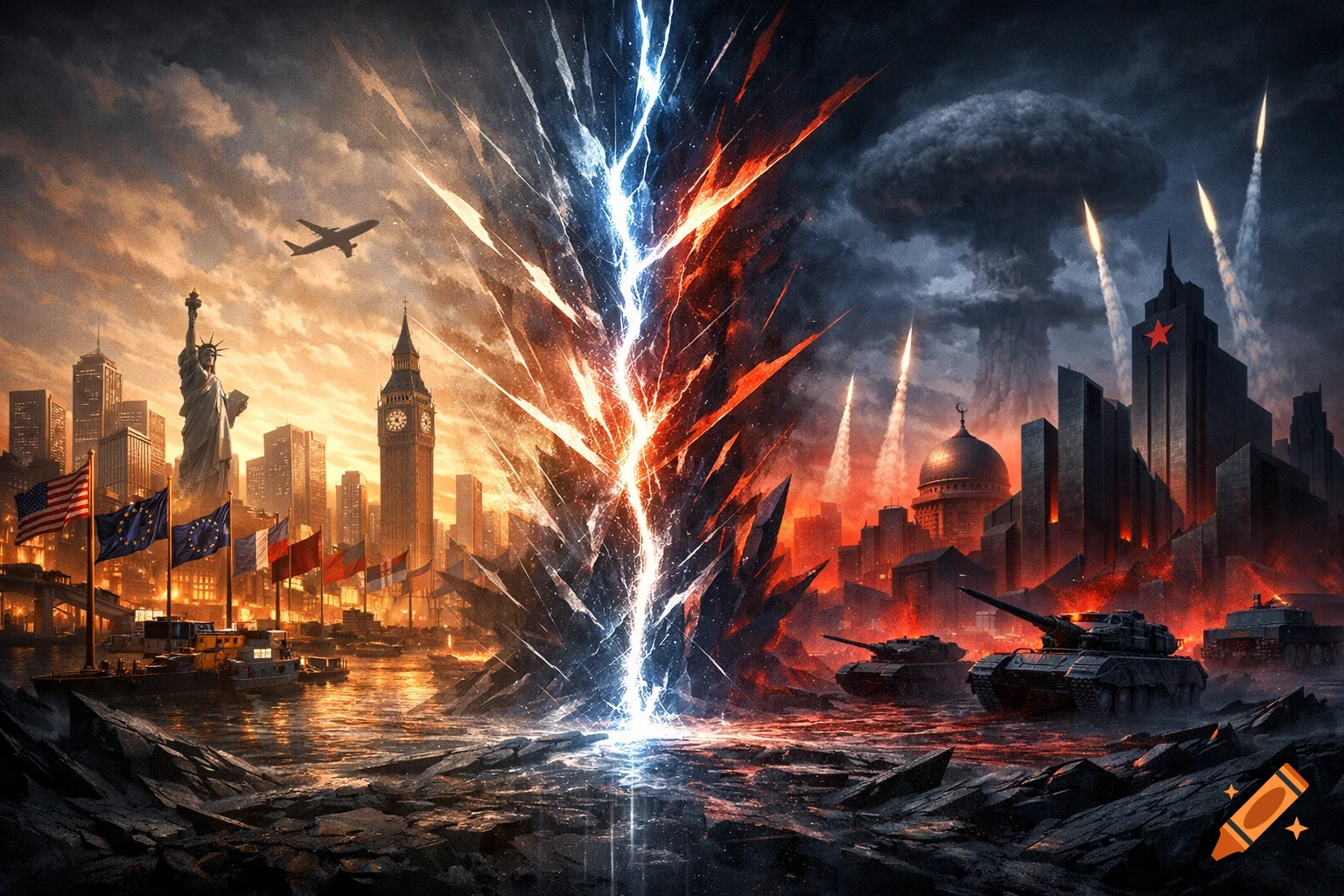 A dystopian global conflict scene with Western and Eastern landmarks, tanks, missiles, and a mushroom cloud, divided by a glowing energy rift.
