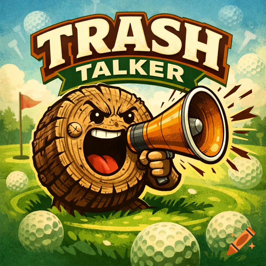 A cartoon log mascot with an angry face yells into a megaphone on a golf course, with 'TRASH TALKER' text above.