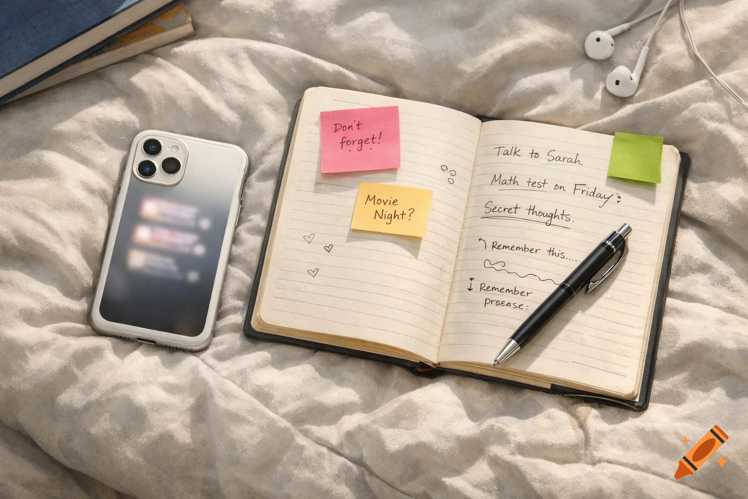 A top-down view of a bed with an open journal, sticky notes, a pen, a smartphone with blurred notifications, and white earbuds.