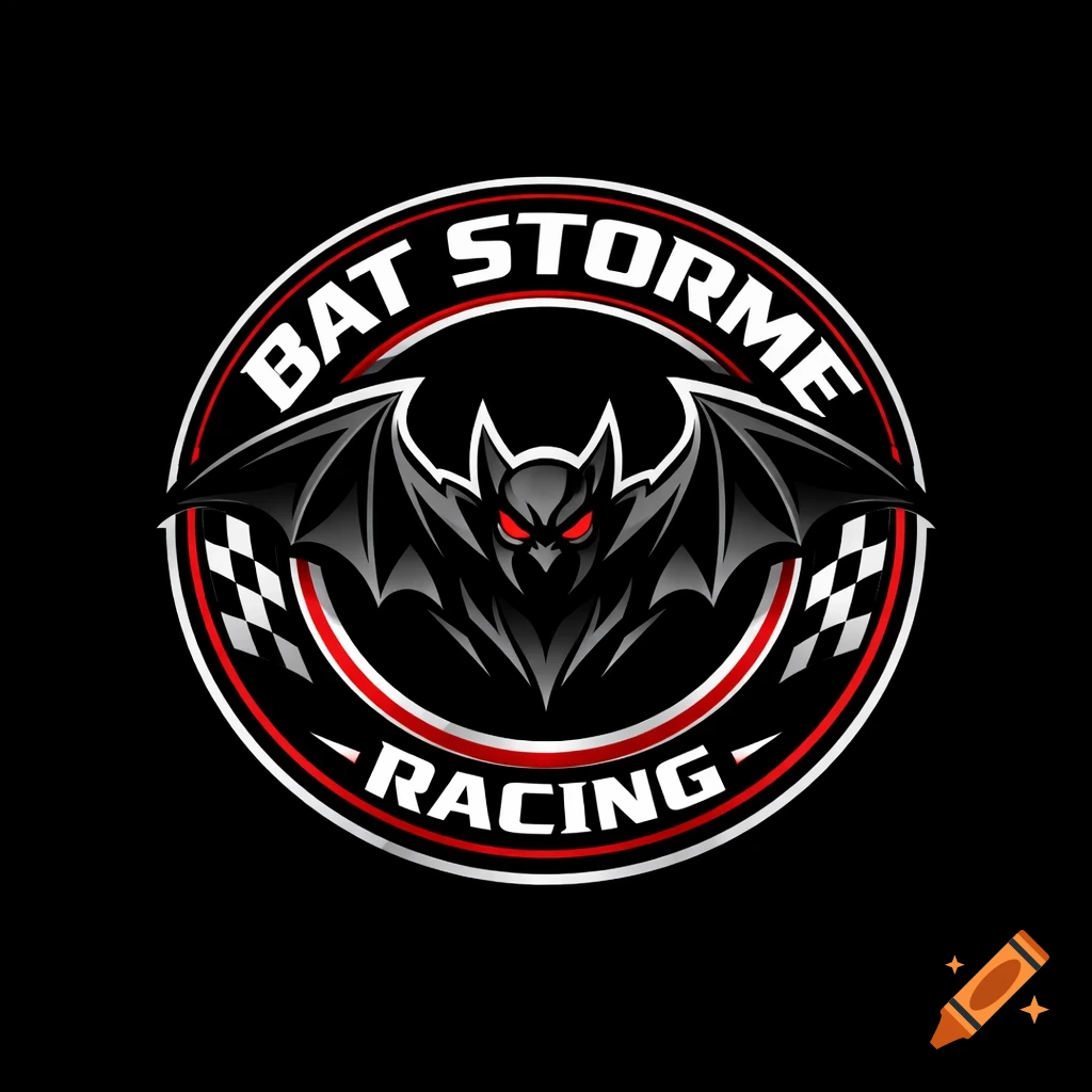 A circular racing logo with a stylized black bat, red eyes, white text "BAT STORME RACING", and checkerboard patterns on a black background.