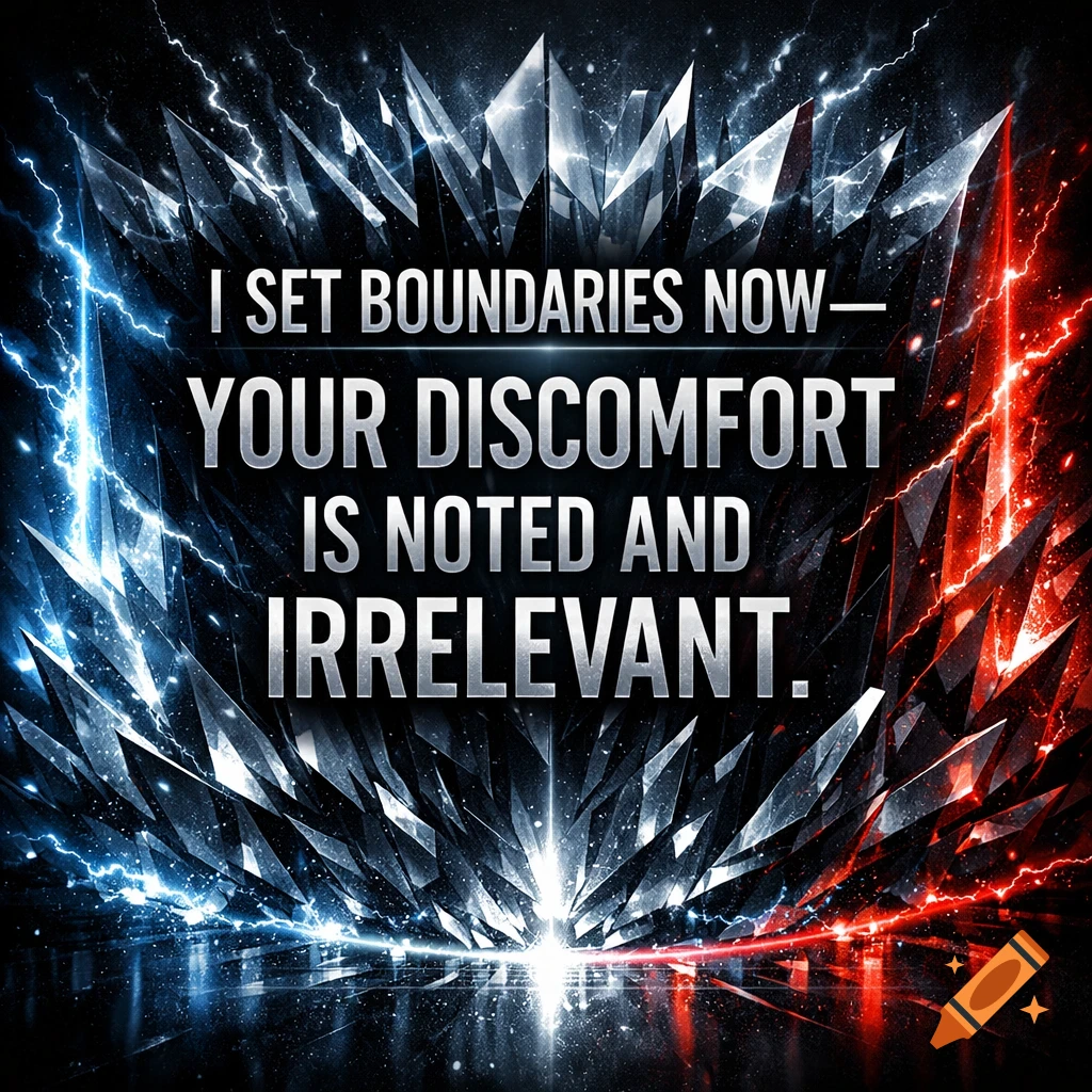 A bold text art design with the phrase 'I set boundaries now—your discomfort is noted and irrelevant' against a backdrop of glowing blue and red lightning and shattered crystalline shards.