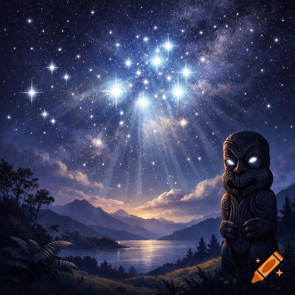 Matariki star cluster beams light over a serene lake, mountains, and forests, illuminating a Maori tiki statue with glowing eyes.