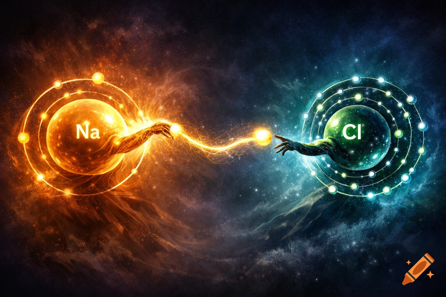 Two glowing atom-like spheres, one orange 'Na' and one green 'Cl', form an electric bond with stylized hands in a cosmic background.