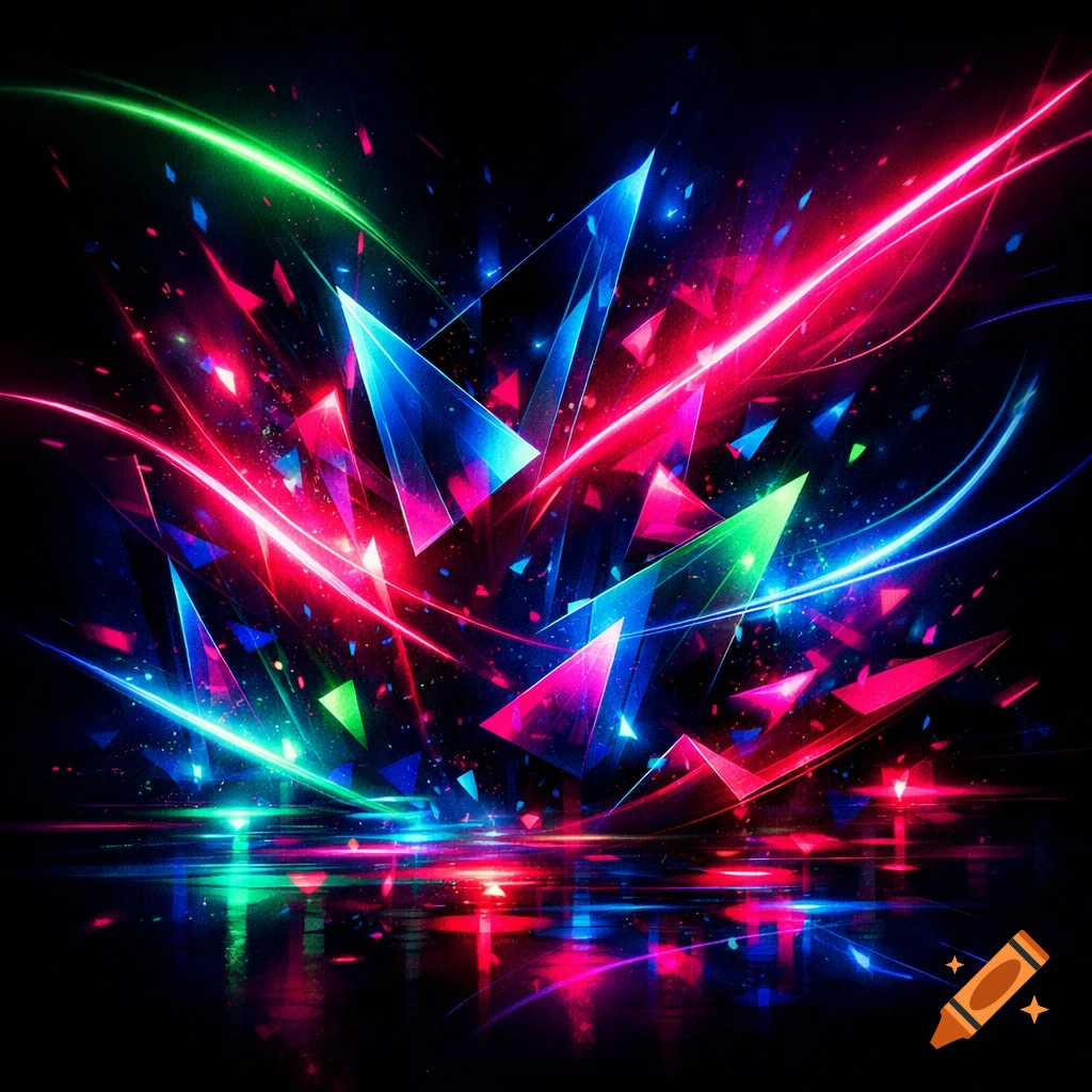 Dynamic explosion of blue, pink, and green neon light shards and lines on a dark background, reflecting on a surface.