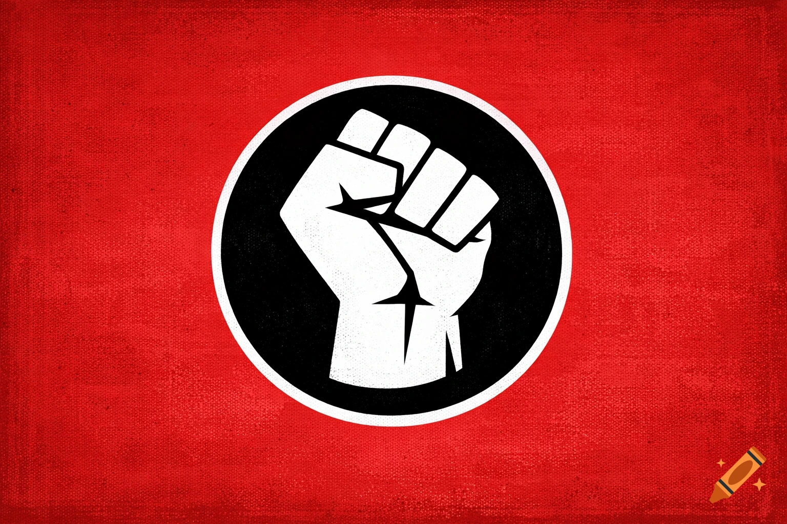 A white stylized clenched fist in a black circle on a red textured background.