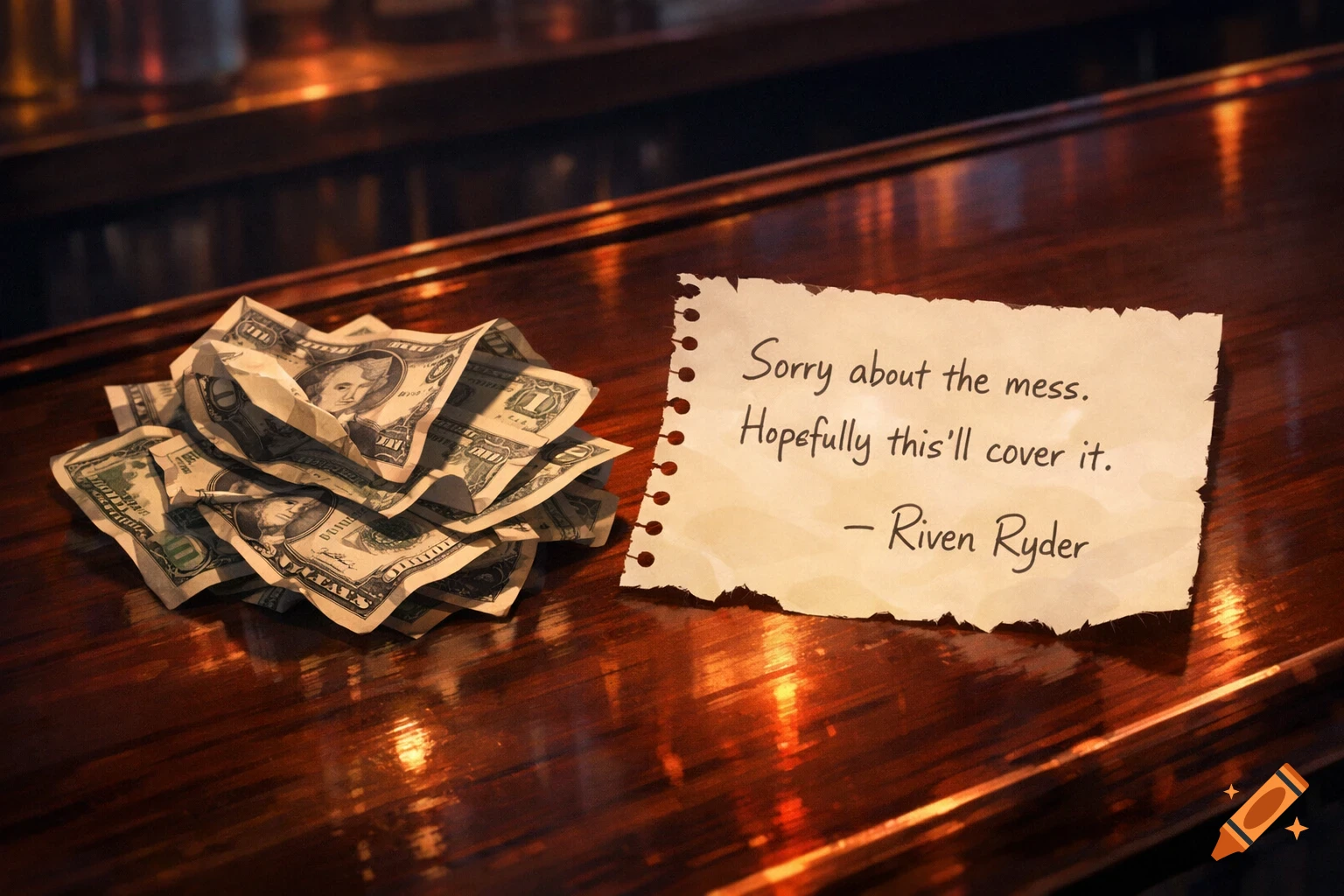Wadded bills and a handwritten note reading "Sorry about the mess. Hopefully this'll cover it. - Riven Ryder" sit on a shiny mahogany bar in an anime style.