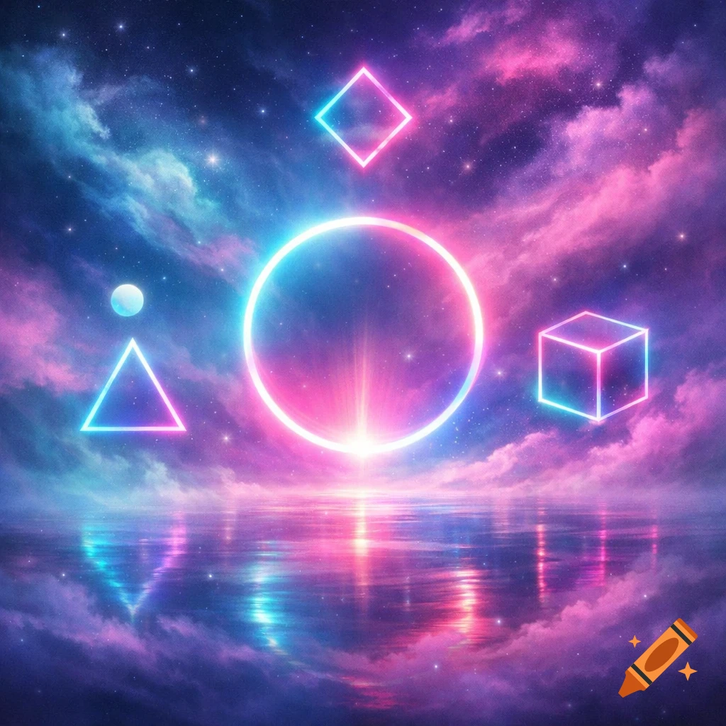 Neon geometric shapes (circle, triangle, diamond, cube) glow over reflective water under a vibrant cosmic sky.