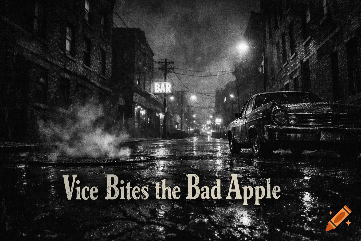 Gritty black and white film noir scene of a dark, wet city street at night with a vintage car and steam rising, featuring the text "Vice Bites the Bad Apple".