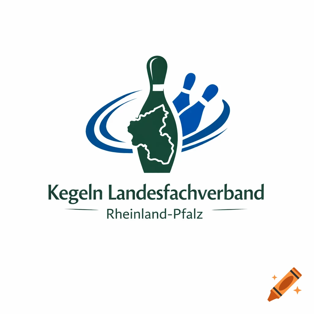 Logo featuring a green bowling pin with a map outline of Rheinland-Pfalz, two blue bowling pins, blue rings, and the text 'Kegeln Landesfachverband Rheinland-Pfalz'.
