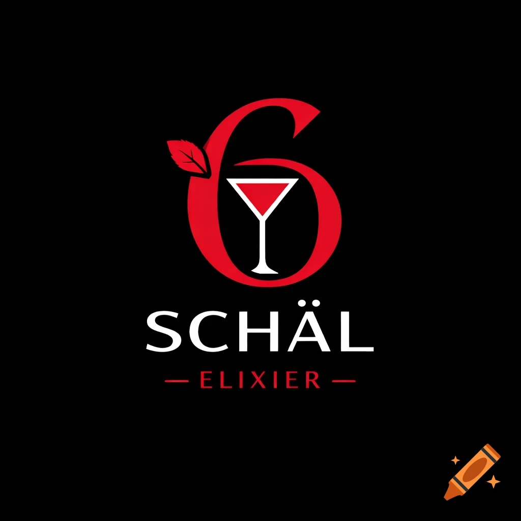 A red and white logo for 'Schäl Elixier' on a black background, featuring a large number 6 creatively integrated with a cocktail glass and a small leaf.