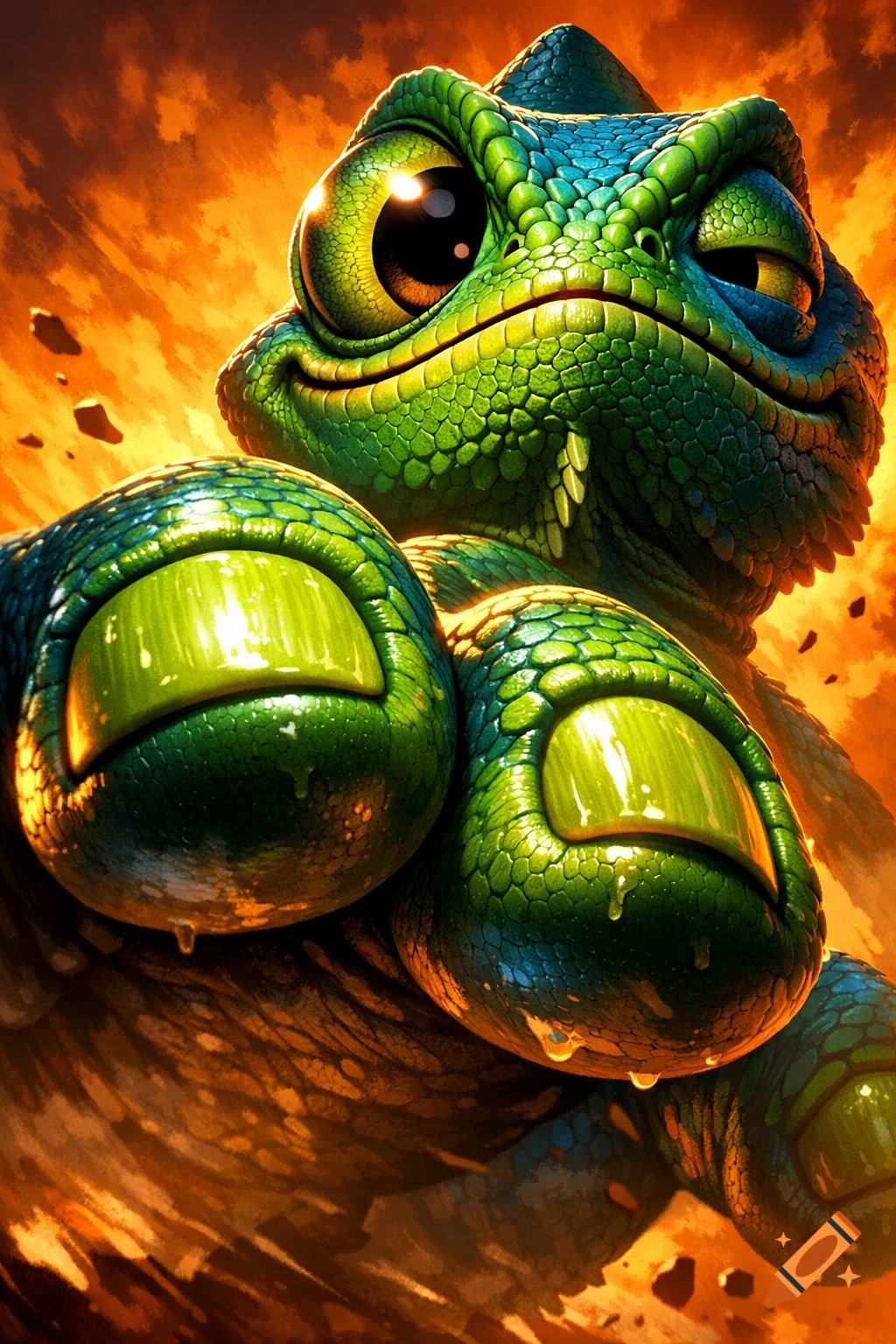 A vibrant cartoon chameleon with shiny green scaly skin and huge, expressive eyes, seen from a bottom-up close-up view with its large, two-toed feet in the foreground against a fiery orange background.