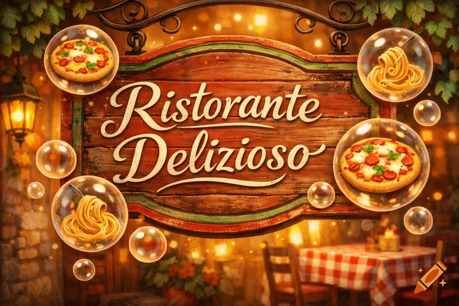 Rustic wooden Italian restaurant sign 'Ristorante Delizioso' with floating bubbles holding pizza and pasta, warm glow in background.
