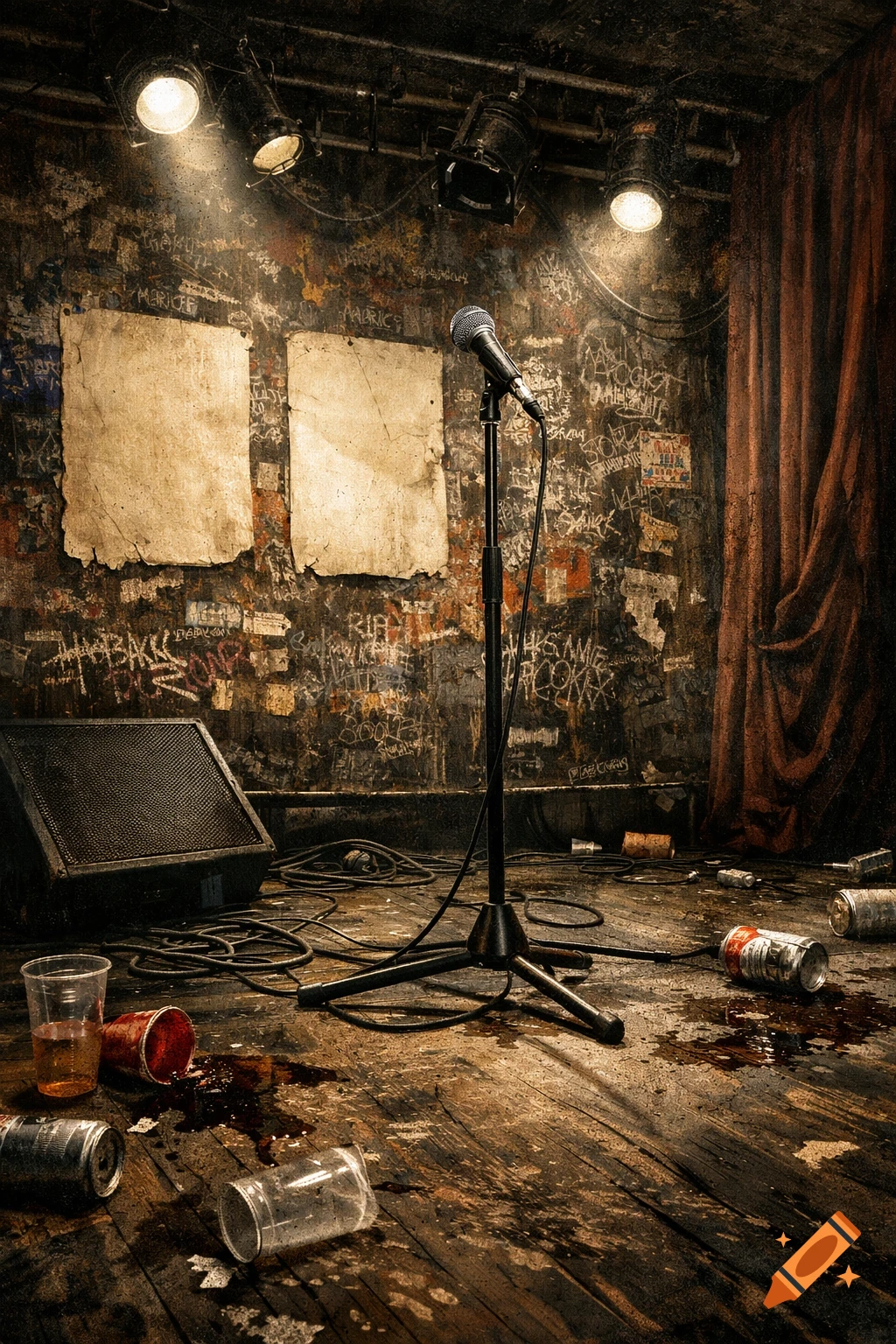 A photorealistic image of a grungy music venue stage with a microphone, speaker, spilled drinks, and graffiti-covered walls.