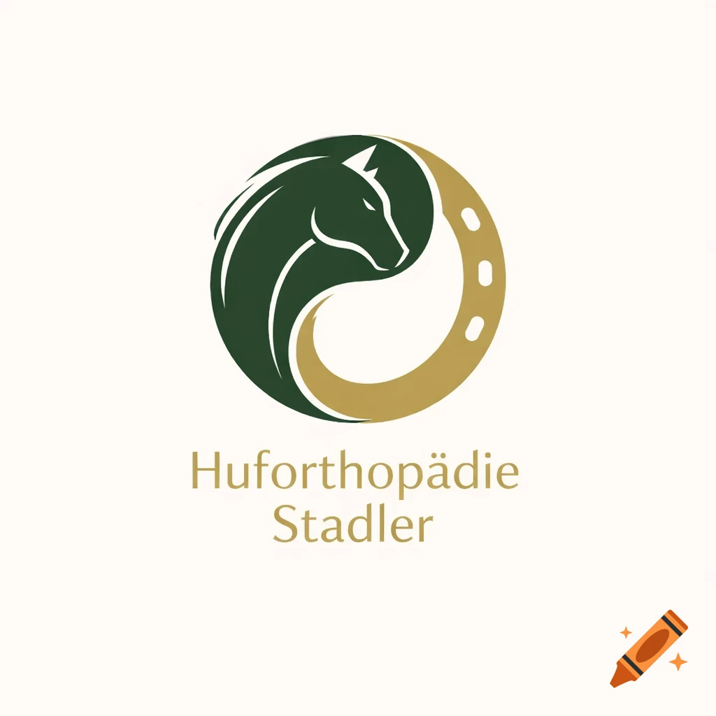 A logo featuring a dark green horse head in profile and a golden horseshoe in a circular design, with the text 'Huforthopädie Stadler' below.