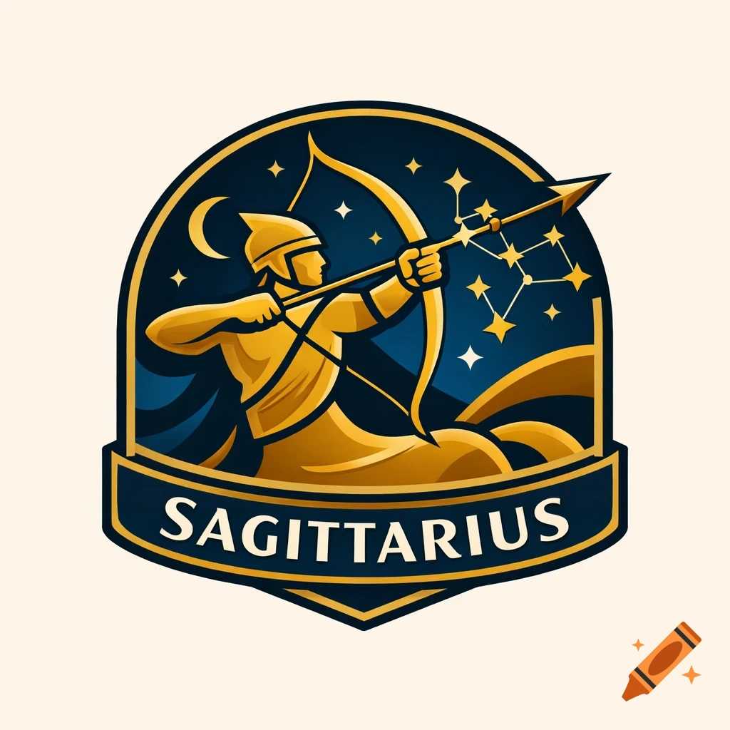 Stylized blue and gold Sagittarius zodiac logo featuring a centaur archer aiming a bow and arrow at a constellation.
