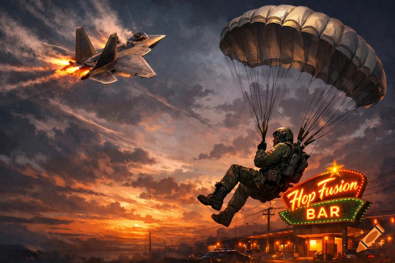 A dramatic scene with an F-22 jet flying with engine flares as a parachutist descends towards a neon sign for 'Hop Fusion BAR' at sunset.