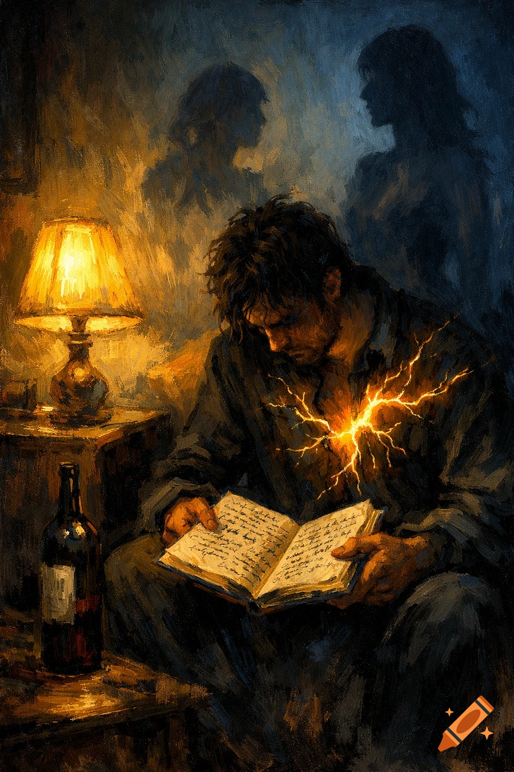 Digital painting of a man reading a notebook in a dimly lit room, glowing cracks on his chest, women's silhouettes in the background.
